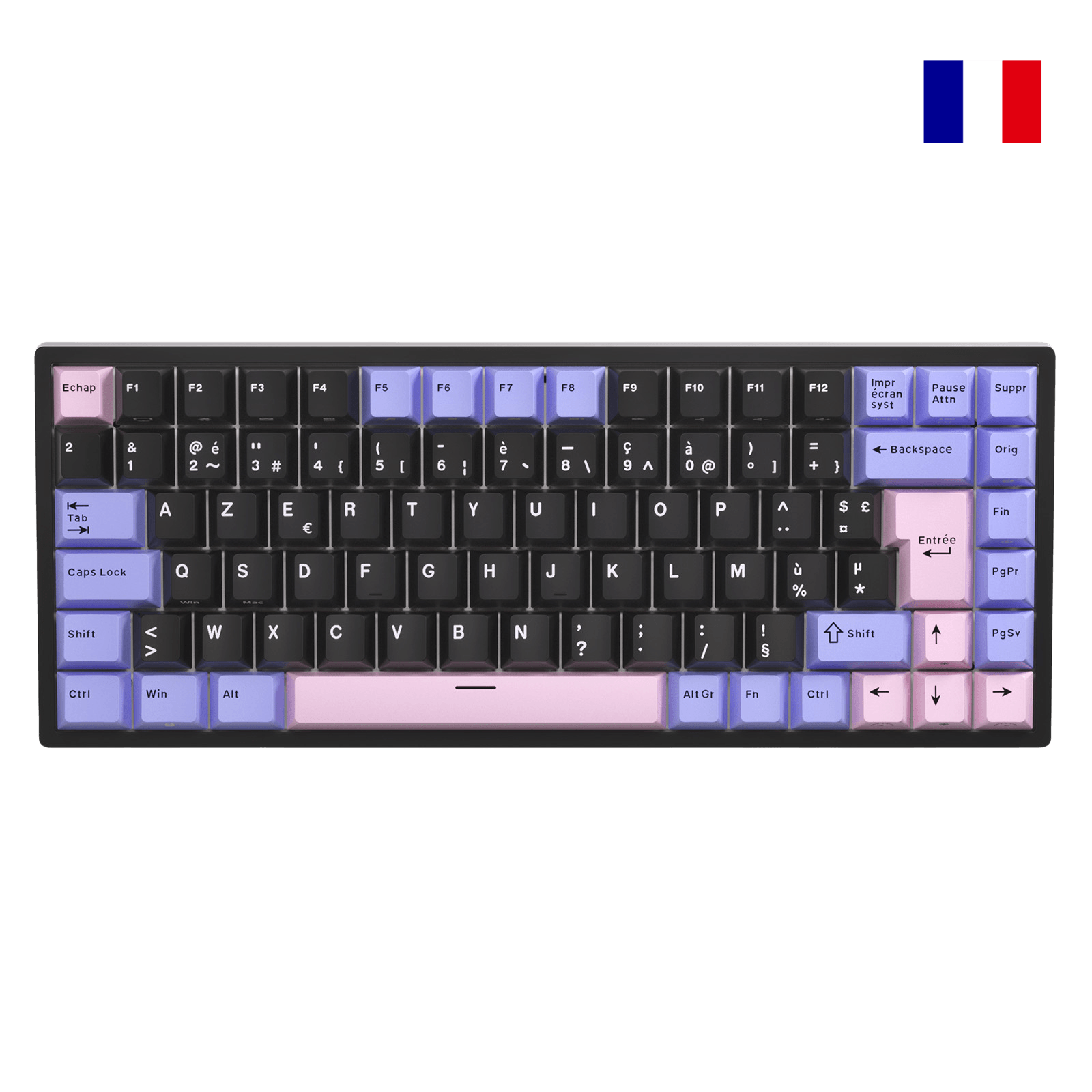 Close-up of Royal Kludge RK84 French layout mechanical keyboard showing native FR ISO AZERTY keycaps with accented characters.