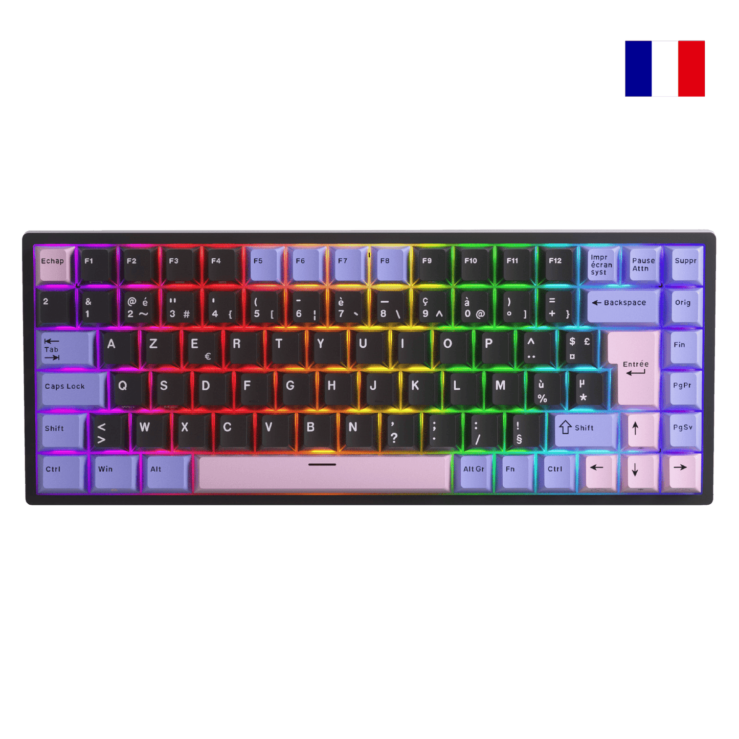 Close-up of Royal Kludge RK84 French layout mechanical keyboard showing native FR ISO AZERTY keycaps with accented characters.