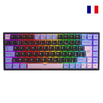 Close-up of Royal Kludge RK84 French layout mechanical keyboard showing native FR ISO AZERTY keycaps with accented characters.