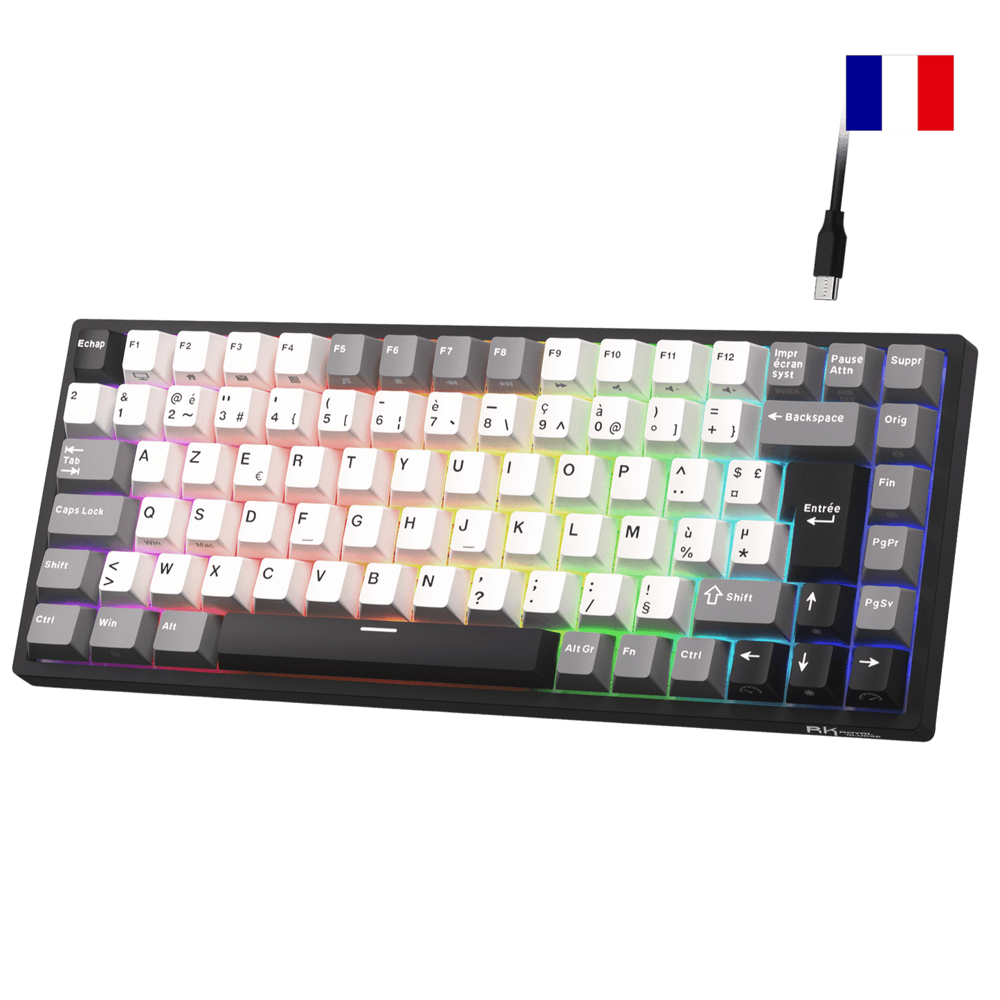 Close-up of Royal Kludge RK84 French layout mechanical keyboard showing native FR ISO AZERTY keycaps with accented characters.