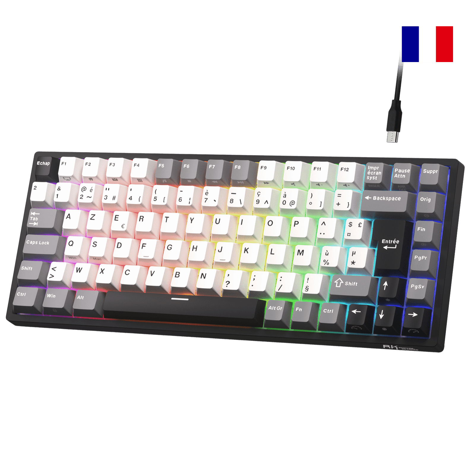 Close-up of Royal Kludge RK84 French layout mechanical keyboard showing native FR ISO AZERTY keycaps with accented characters.