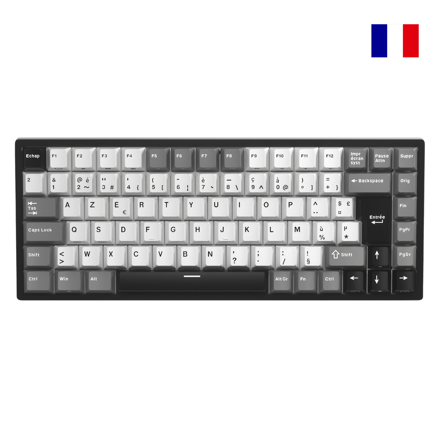 Close-up of Royal Kludge RK84 French layout mechanical keyboard showing native FR ISO AZERTY keycaps with accented characters.