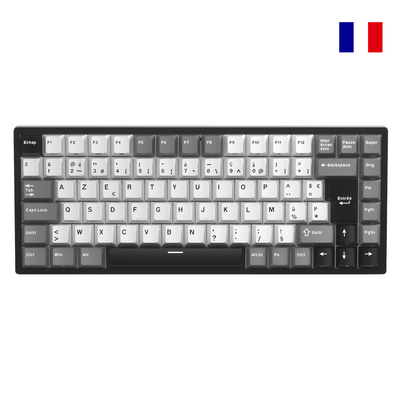 Close-up of Royal Kludge RK84 French layout mechanical keyboard showing native FR ISO AZERTY keycaps with accented characters.