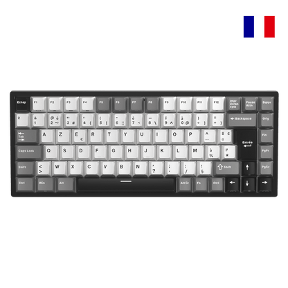 Close-up of Royal Kludge RK84 French layout mechanical keyboard showing native FR ISO AZERTY keycaps with accented characters.