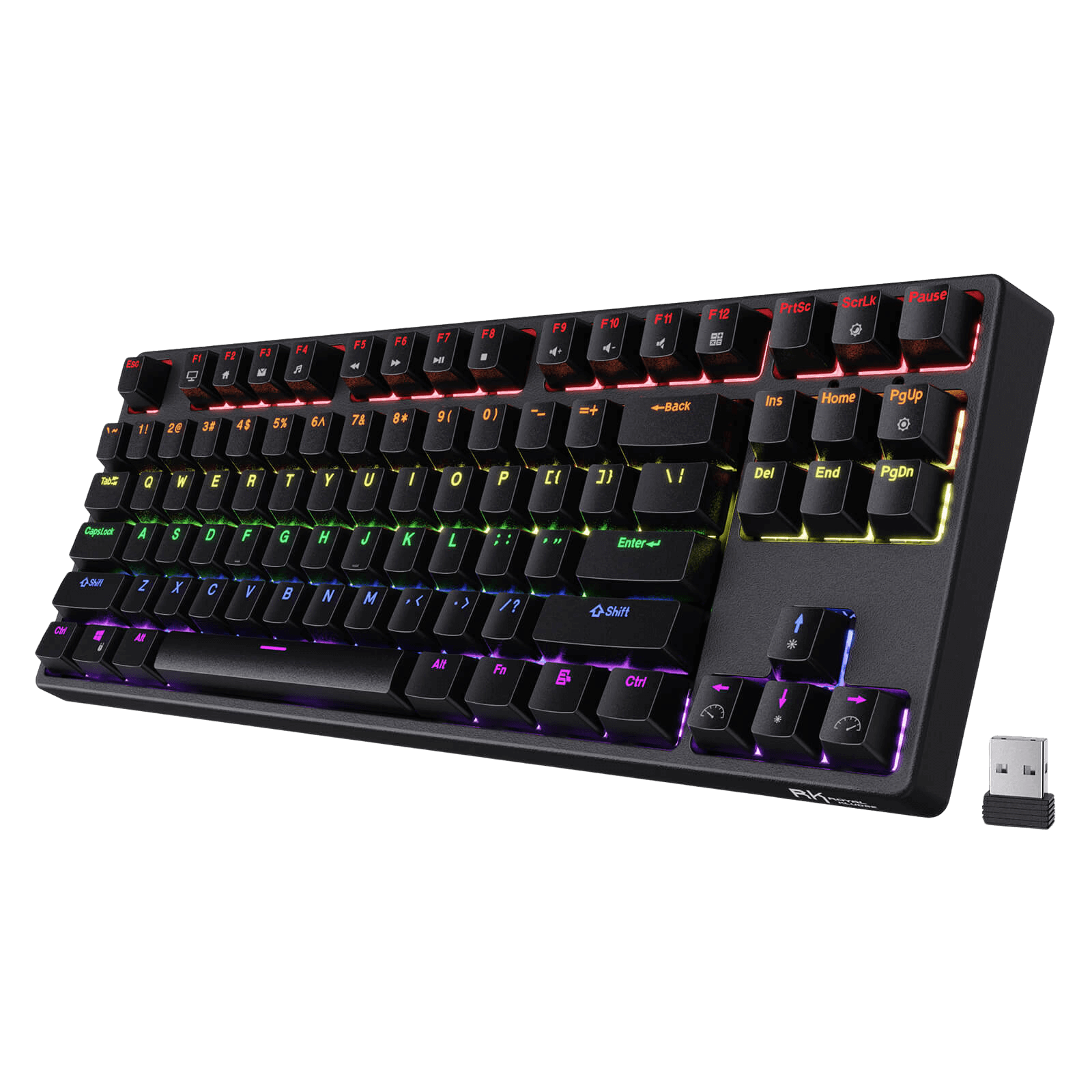 Black RK87 87keys Tenkeyless TKL Wireless Mechanical Gaming Keyboard Front View with RGB Backlighting