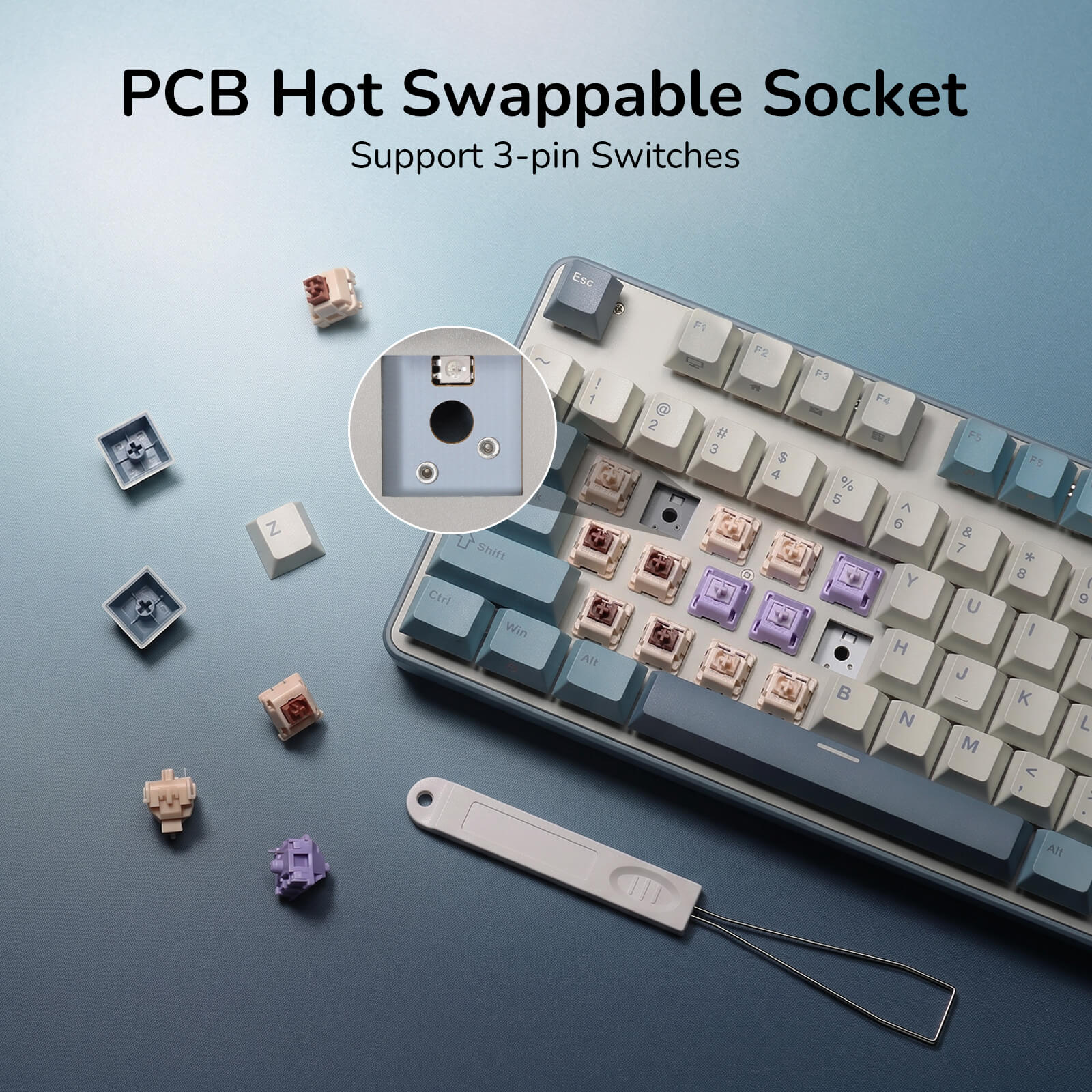 Keyboard with hot swappable switches and tools on a blue background