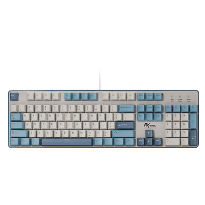Mechanical keyboard with blue and gray keys on a black background