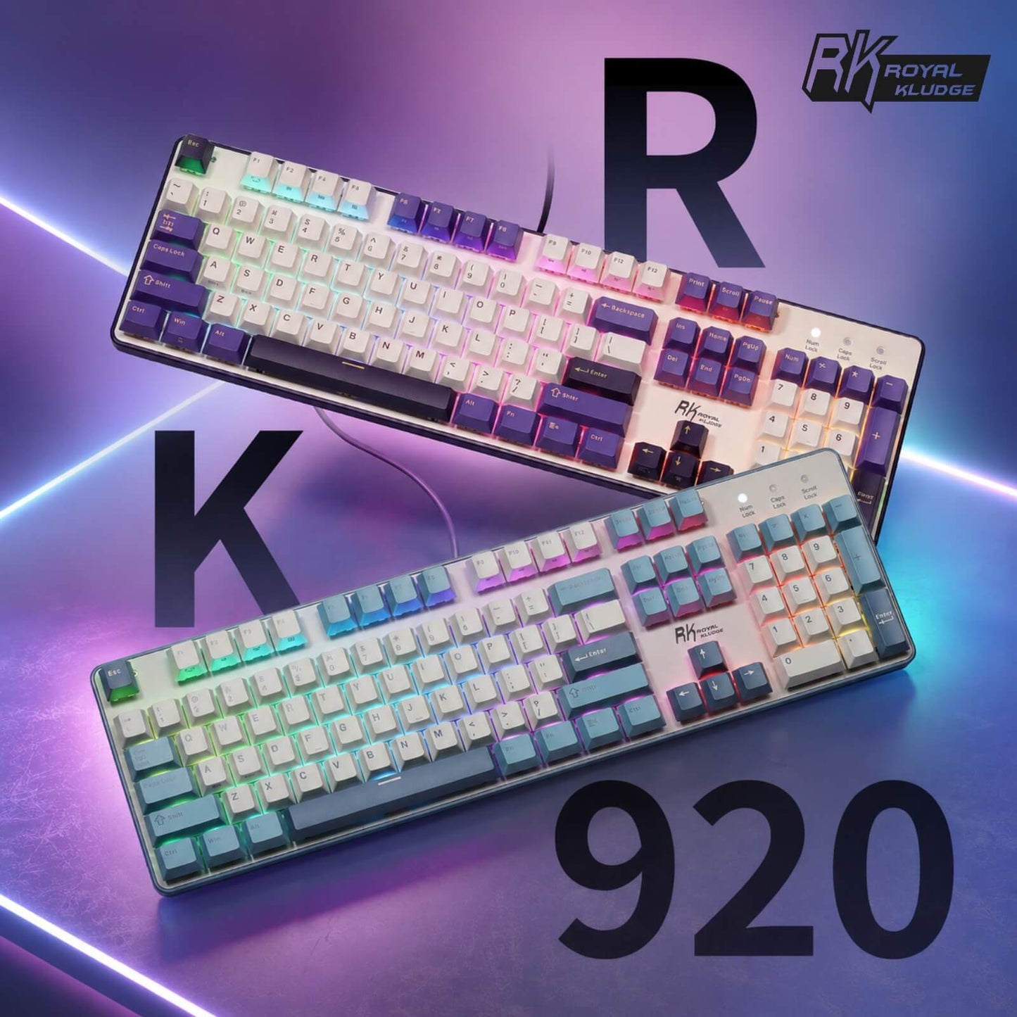 Two RK 920 keyboards on a gradient purple and blue background with 'RK' branding.