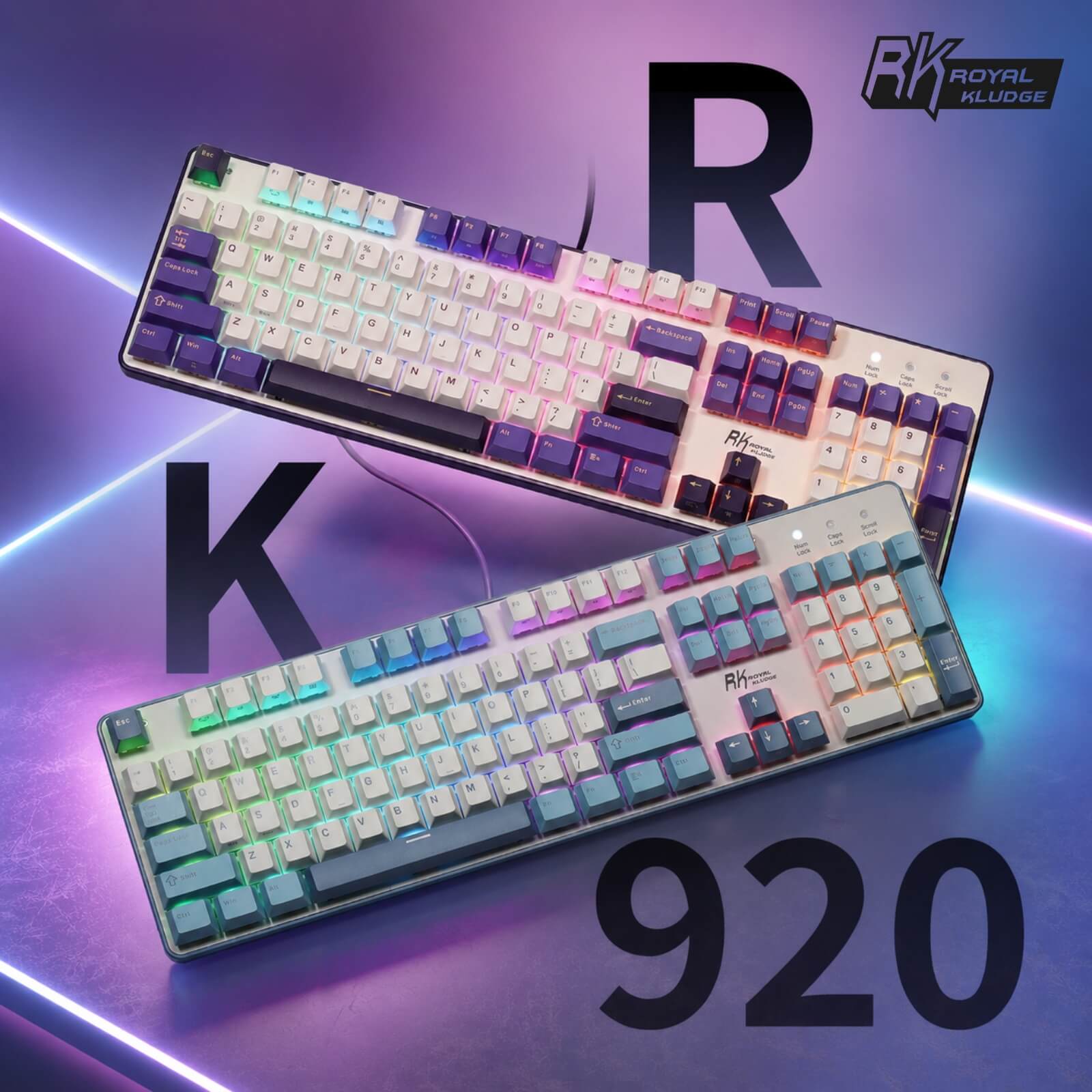 Two RK 920 keyboards on a gradient purple and blue background with 'RK' branding.