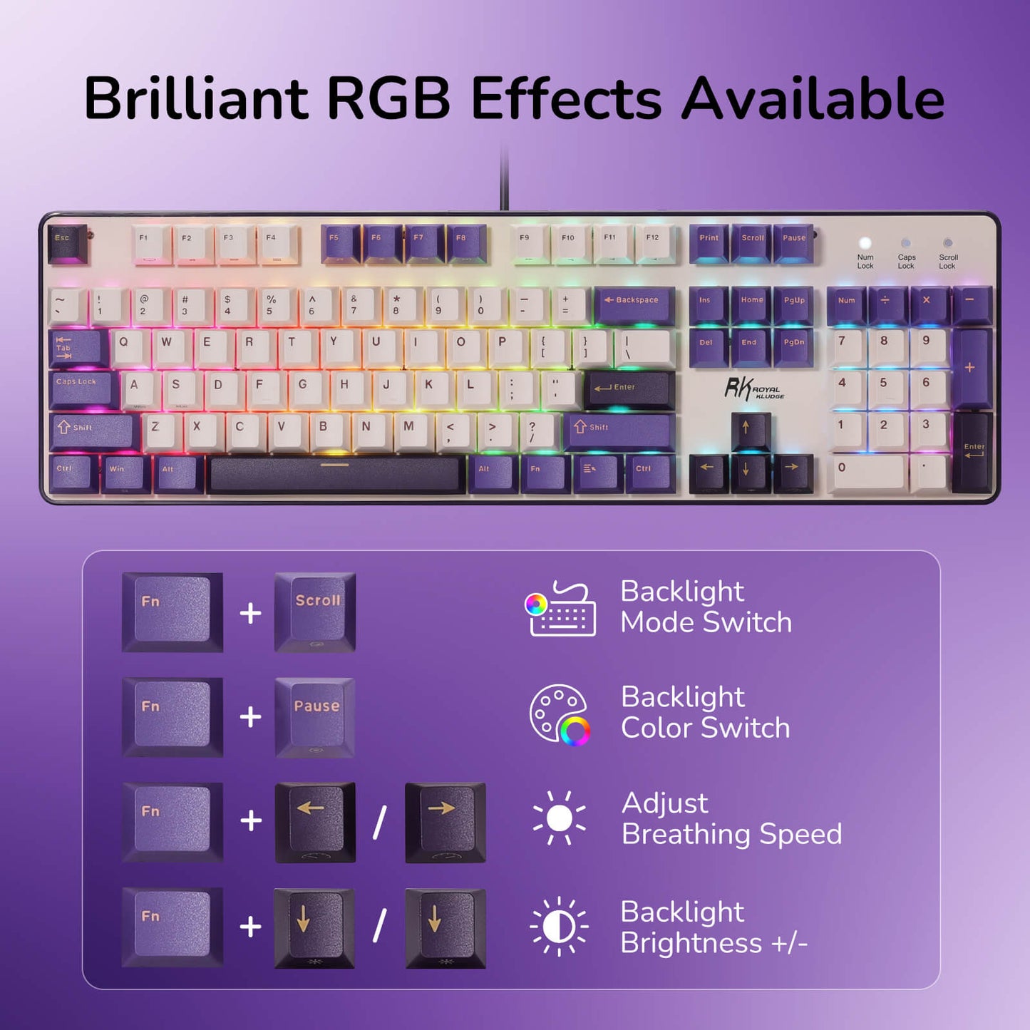 Mechanical keyboard with RGB lighting effects on a purple background