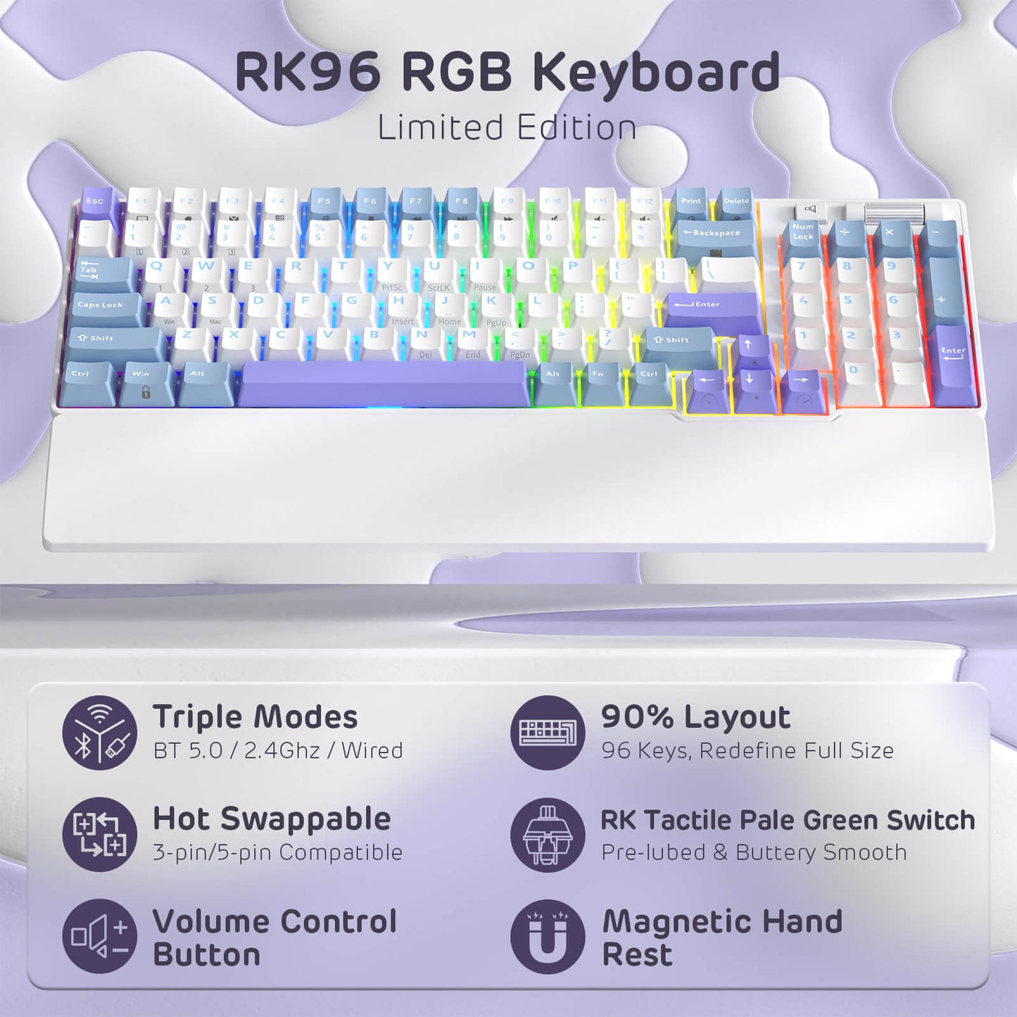 RK ROYAL KLUDGE RK96 RGB Limited Ed, 90% 96 Keys Wireless Triple Mode BT5.0/2.4G/USB-C Hot Swappable Mechanical Keyboard w/Wrist Rest, Software Support & Massive Battery