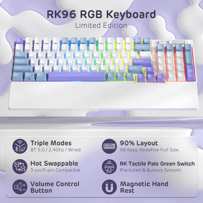 RK ROYAL KLUDGE RK96 RGB Limited Ed, 90% 96 Keys Wireless Triple Mode BT5.0/2.4G/USB-C Hot Swappable Mechanical Keyboard w/Wrist Rest, Software Support & Massive Battery