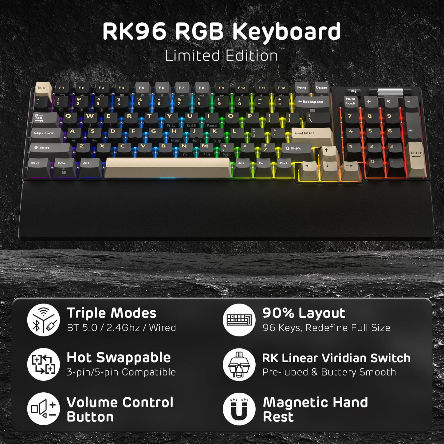 RK ROYAL KLUDGE RK96 RGB Limited Ed, 90% 96 Keys Wireless Triple Mode BT5.0/2.4G/USB-C Hot Swappable Mechanical Keyboard w/Wrist Rest, Software Support & Massive Battery