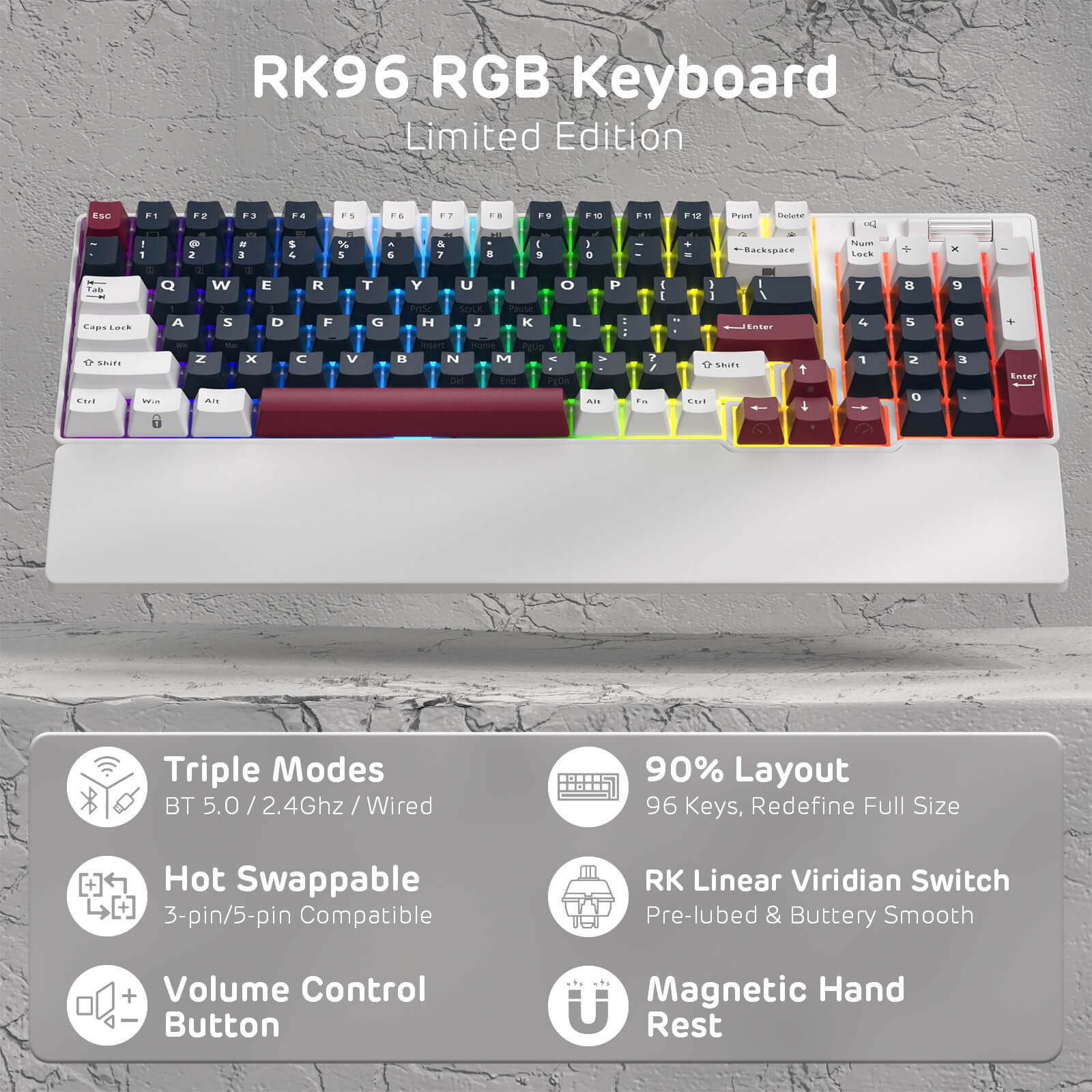 RK ROYAL KLUDGE RK96 RGB Limited Ed, 90% 96 Keys Wireless Triple Mode BT5.0/2.4G/USB-C Hot Swappable Mechanical Keyboard w/Wrist Rest, Software Support & Massive Battery