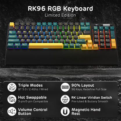 RK ROYAL KLUDGE RK96 RGB Limited Ed, 90% 96 Keys Wireless Triple Mode BT5.0/2.4G/USB-C Hot Swappable Mechanical Keyboard w/Wrist Rest, Software Support & Massive Battery