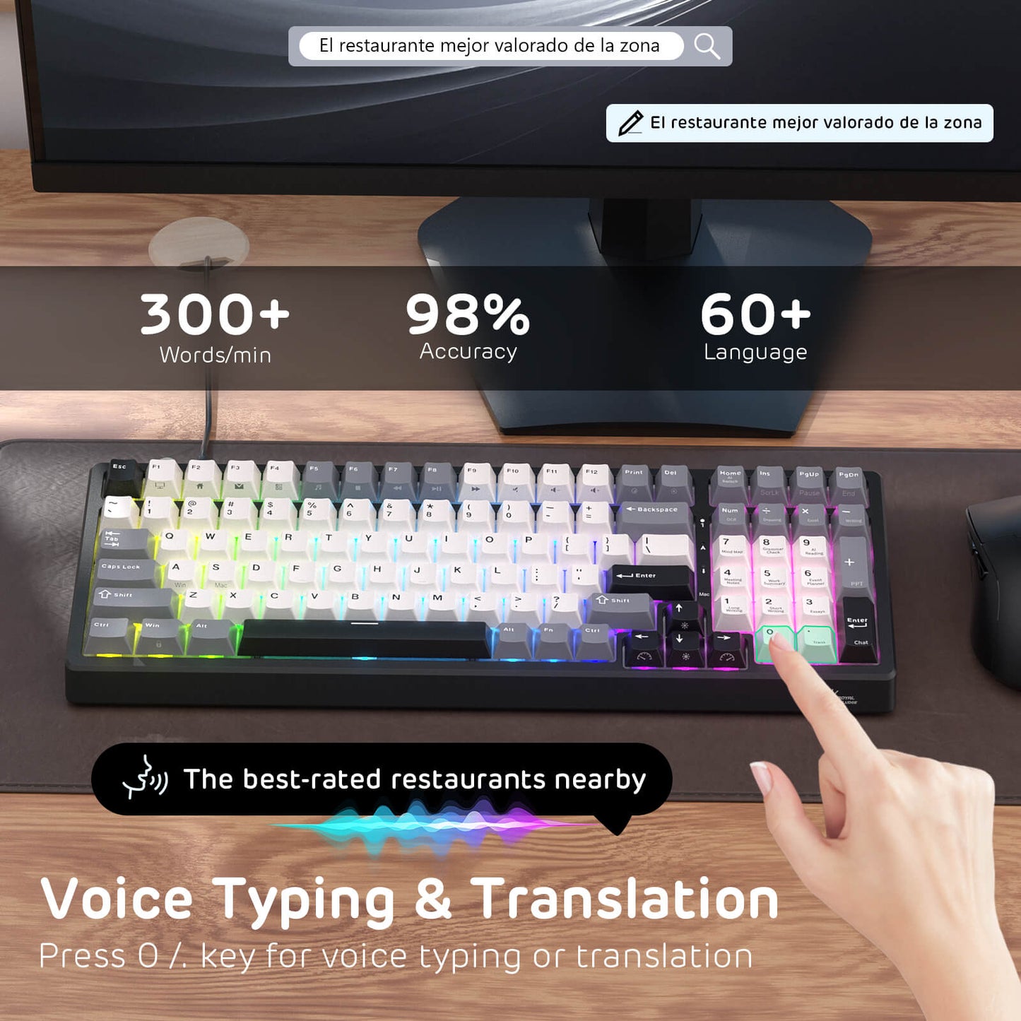 RK Royal Kludge 100-Key Wired AI Mechanical Gaming Keyboard with Real-Time Voice Input & Translation, Hot-Swappable Linear Switches, PBT Keycaps, RGB Backlit, Dual USB Ports & AI Software Support