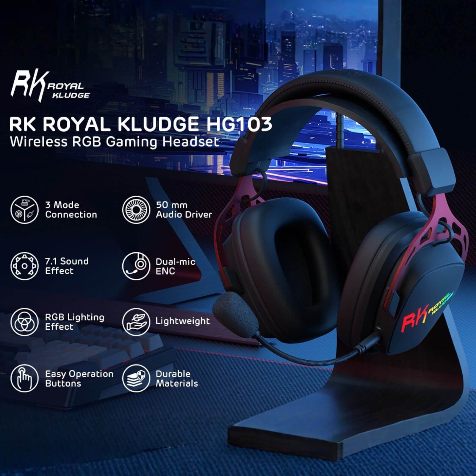 RK Royal Kludge HG103 wireless RGB gaming headset with features listed on a dark background.