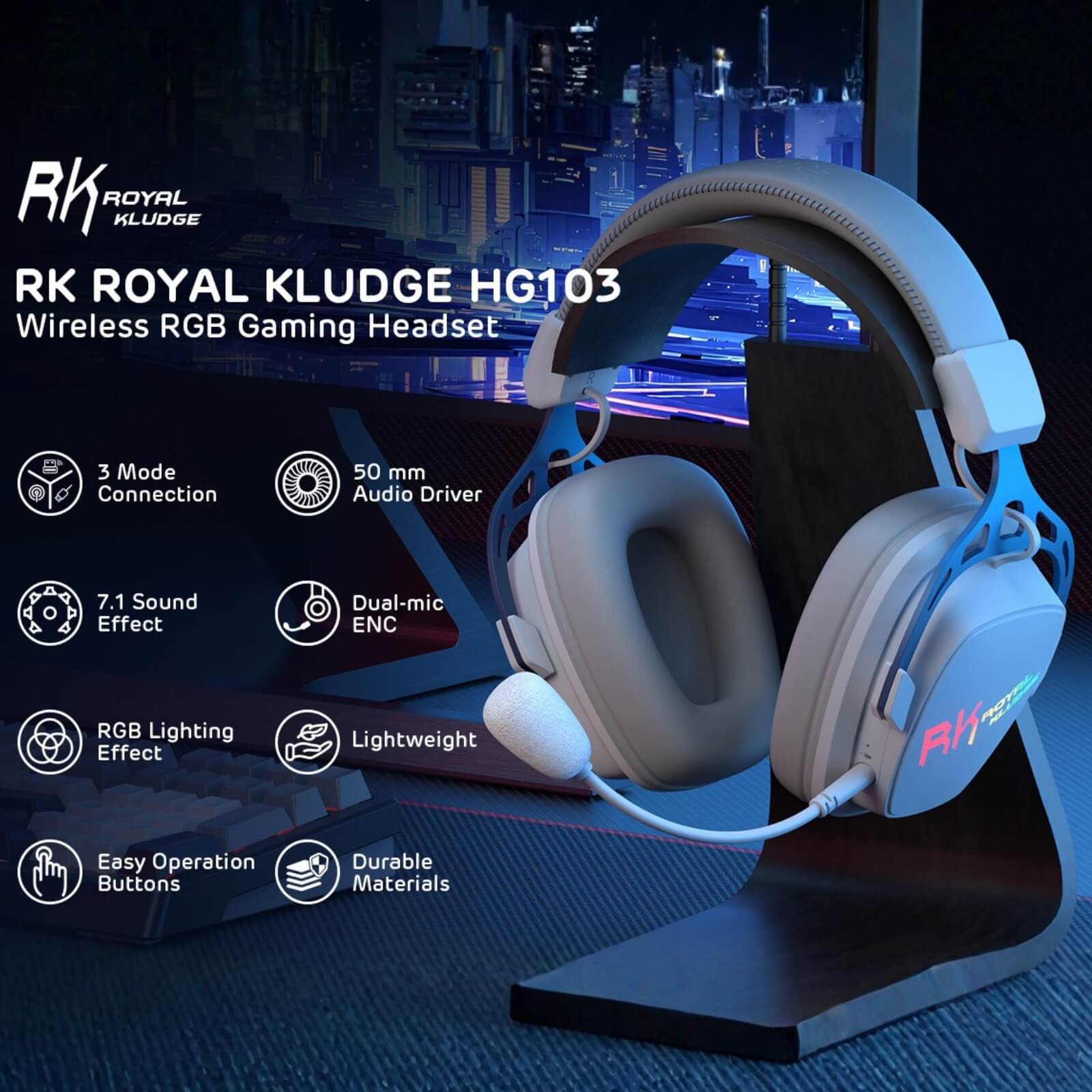 RK Royal Kludge HG103 gaming headset with features listed on a dark background