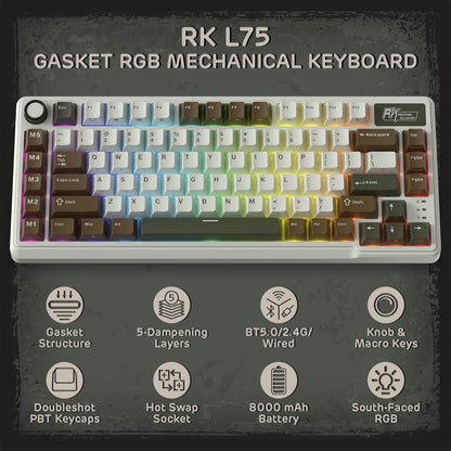 RK ROYAL KLUDGE L75 Gasket Mount Mechanical Keyboard w/Knob /Macro Keys & Touchable Nameplate, Tri-Mode  75% TKL Wireless Keyboard BT/2.4G/USB-C, Hot Swappable, Pro Software, Massive 8000mAh Battery