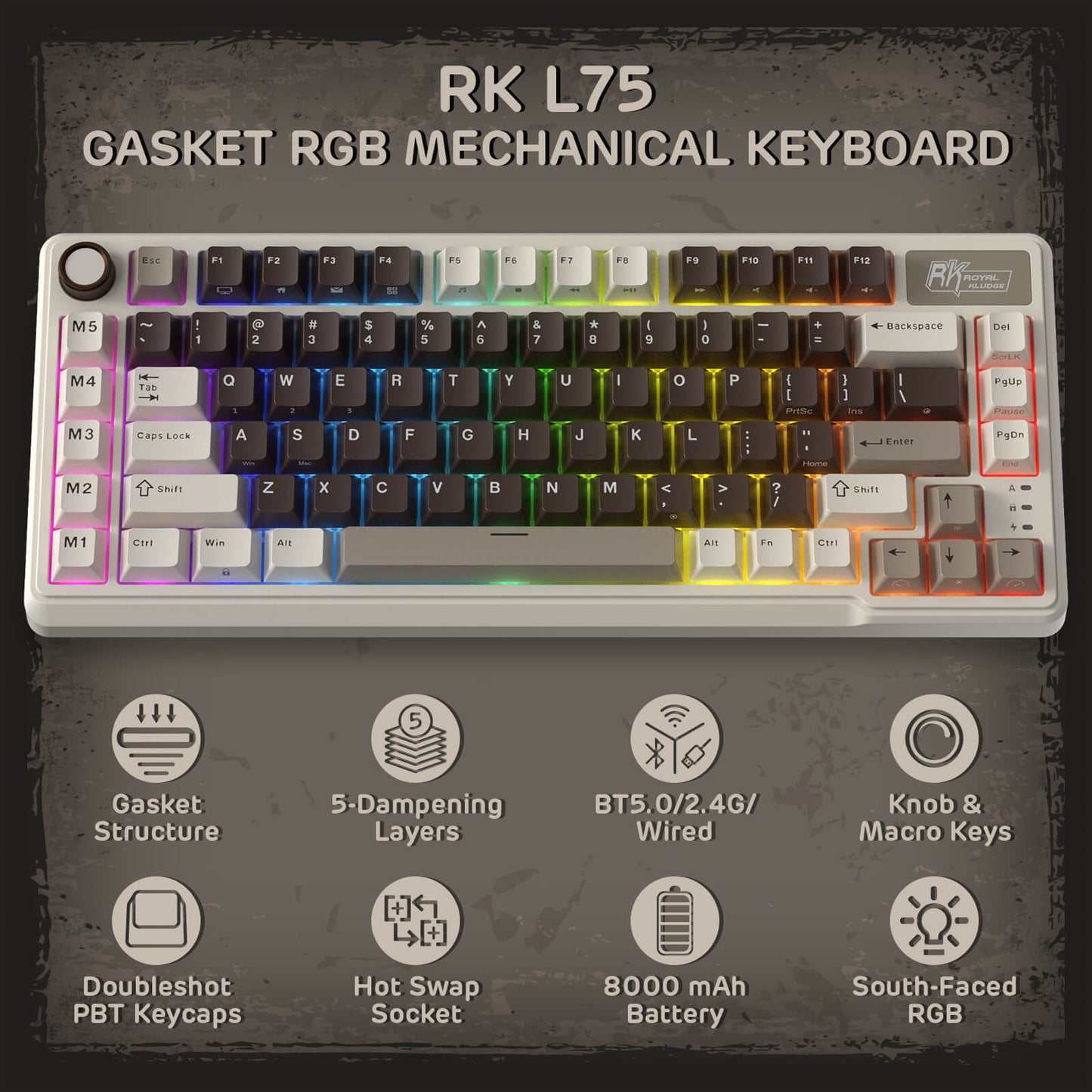 RK ROYAL KLUDGE L75 Gasket Mount Mechanical Keyboard w/Knob /Macro Keys & Touchable Nameplate, Tri-Mode  75% TKL Wireless Keyboard BT/2.4G/USB-C, Hot Swappable, Pro Software, Massive 8000mAh Battery