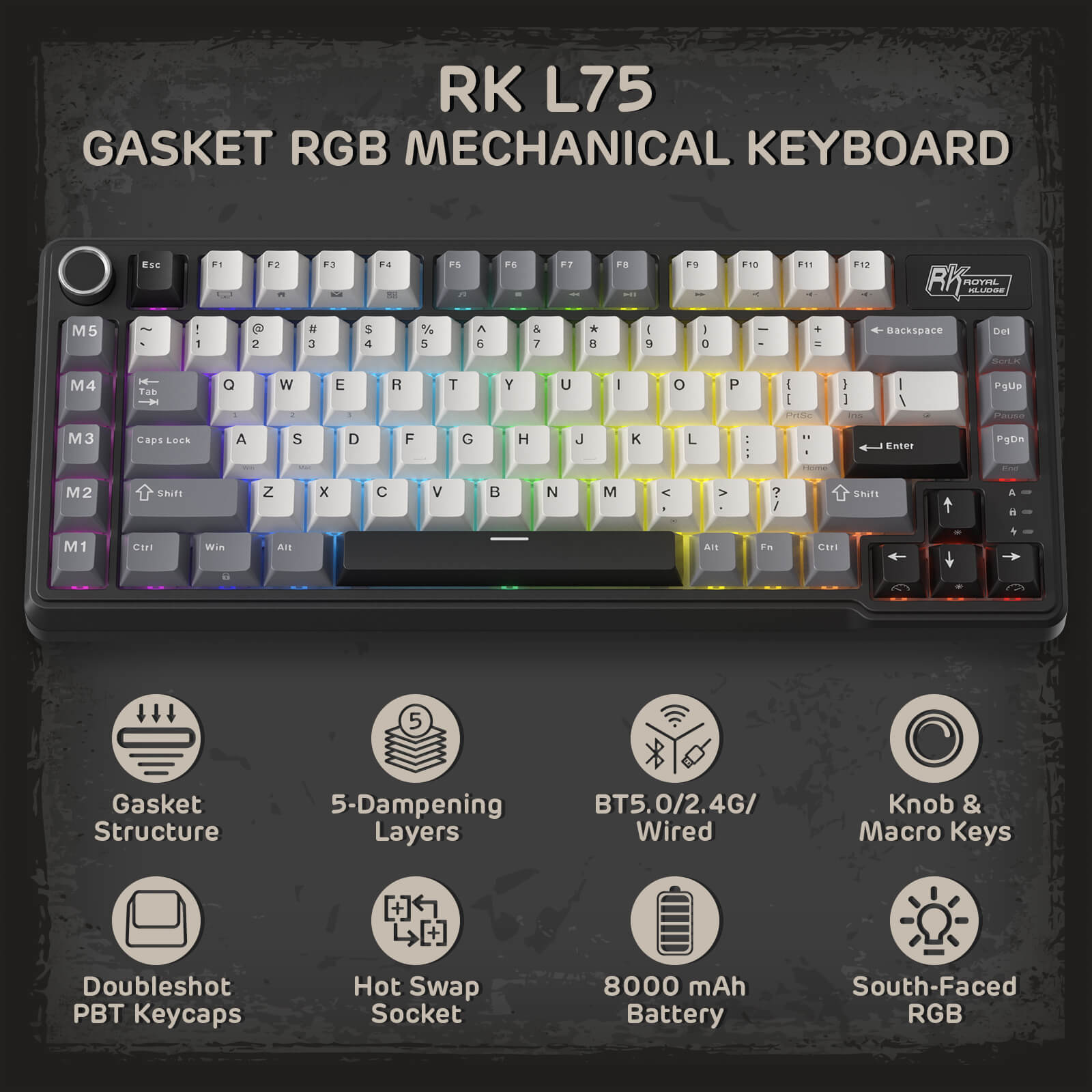 RK ROYAL KLUDGE L75 Gasket Mount Mechanical Keyboard w/Knob /Macro Keys & Touchable Nameplate, Tri-Mode  75% TKL Wireless Keyboard BT/2.4G/USB-C, Hot Swappable, Pro Software, Massive 8000mAh Battery