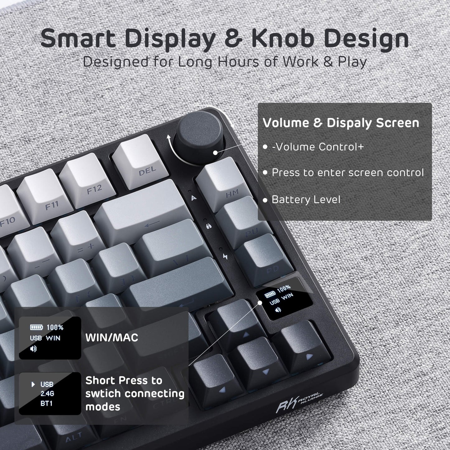 RK ROYAL KLUDGE M75 75% Wireless Mechanical Keyboard, 81 Keys Gasket-Mount, OLED Smart Display, Rotary Knob, Hot-Swappable Pre-Lubed Cloud Switches, Gradient PBT Keycaps, RGB Backlighting, Triple Mode Connectivity for Gaming & Office Use