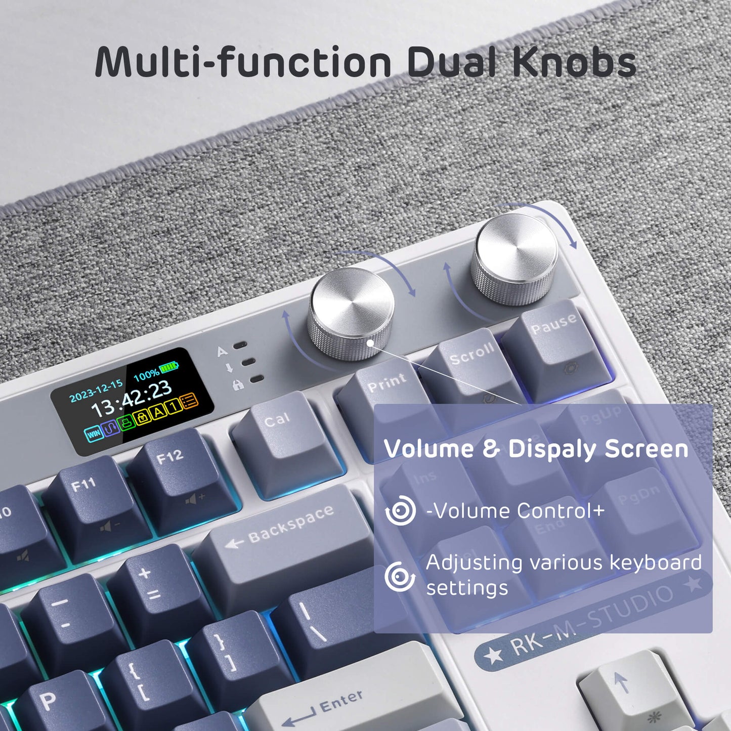 RK ROYAL KLUDGE M87 Wireless Gaming Keyboard with Screen and Dual Knob, 75% Percent 2.4Ghz/Bluetooth/USB-C Gasket Mechanical Keyboard with 7500mAh Battery, RGB Backlit Hot Swappable Cream Switch