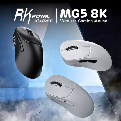 RK Royal Kludge MG5 8K wireless gaming mouse with black, white, and gray color options on a blue gradient background.