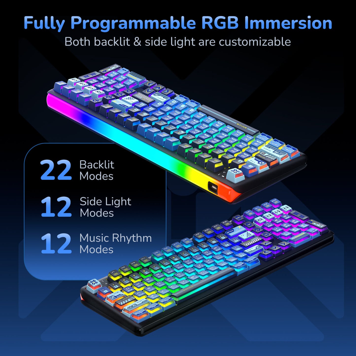 RK R99 RGB full size gaming keyboard featuring a curved light bar
