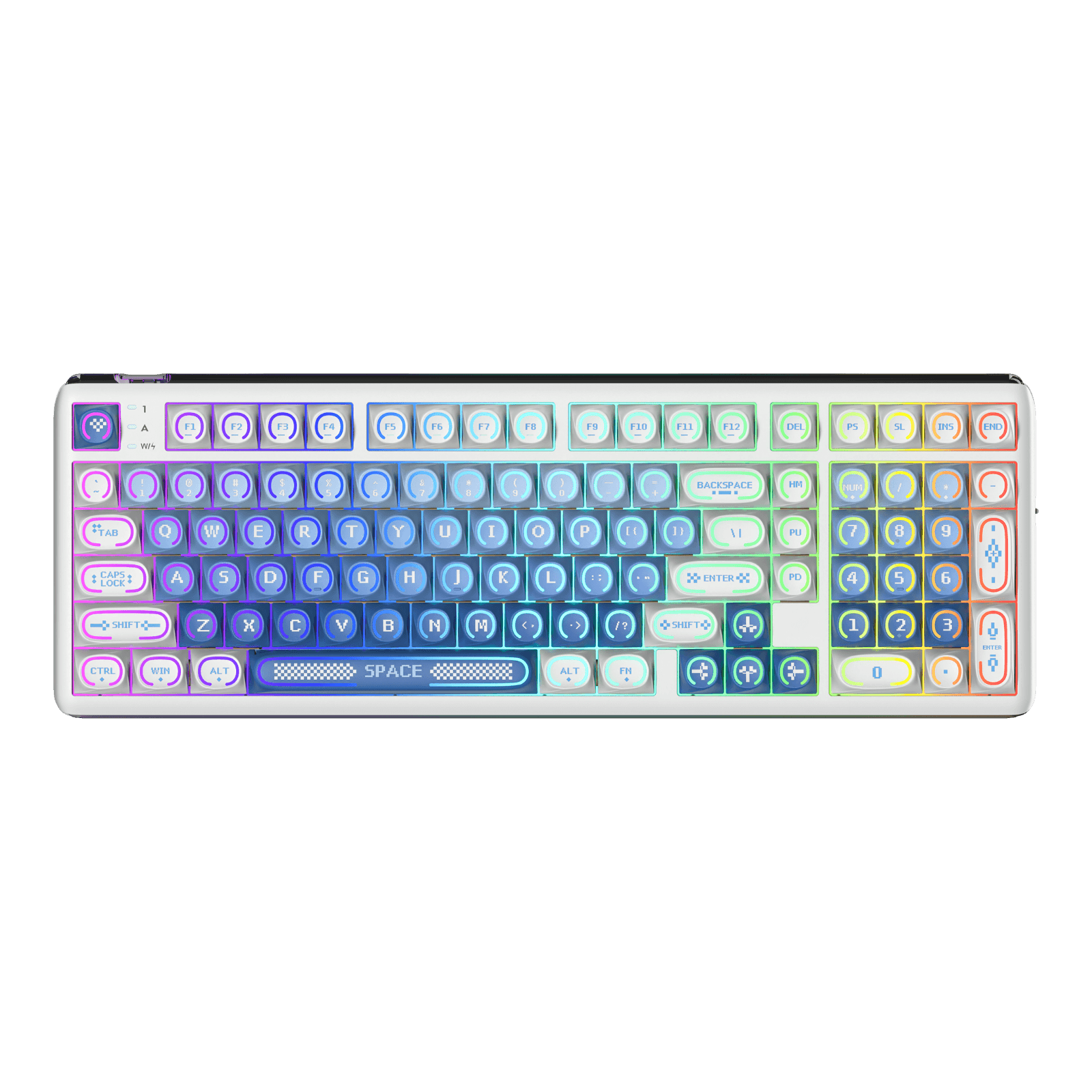 RK R99 flagship 8K wireless mechanical gaming keyboard featuring a uniquely curved RGB light bar and a compact 101-key layout in a midnight blue aesthetic
