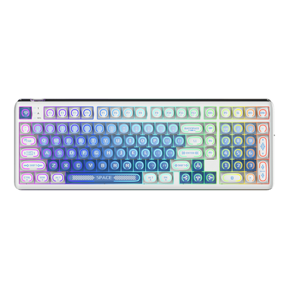 RK R99 flagship 8K wireless mechanical gaming keyboard featuring a uniquely curved RGB light bar and a compact 101-key layout in a midnight blue aesthetic