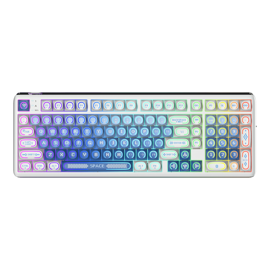 RK R99 flagship 8K wireless mechanical gaming keyboard featuring a uniquely curved RGB light bar and a compact 101-key layout in a midnight blue aesthetic