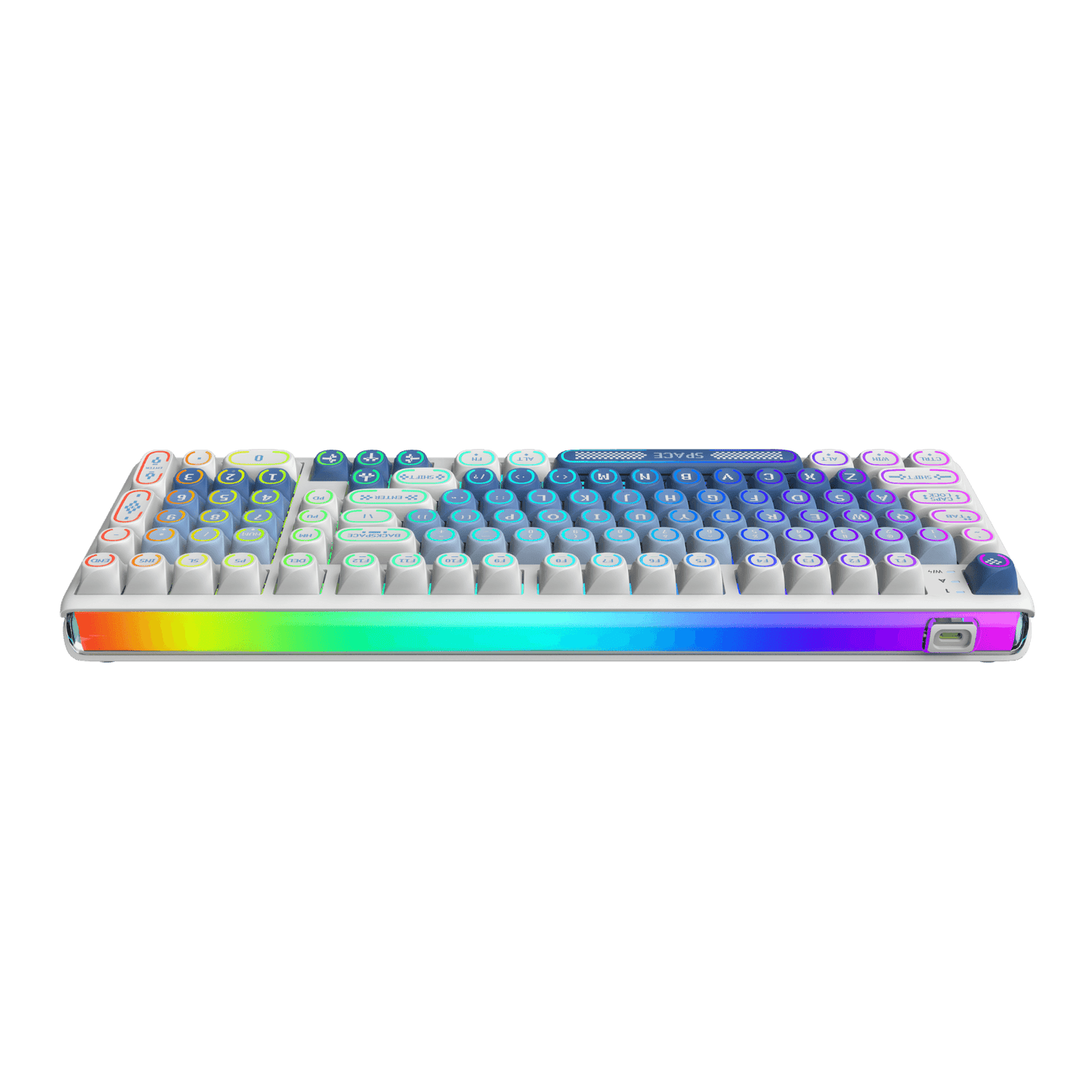 RK R99 flagship 8K wireless mechanical gaming keyboard featuring a uniquely curved RGB light bar and a compact 101-key layout in a midnight blue aesthetic