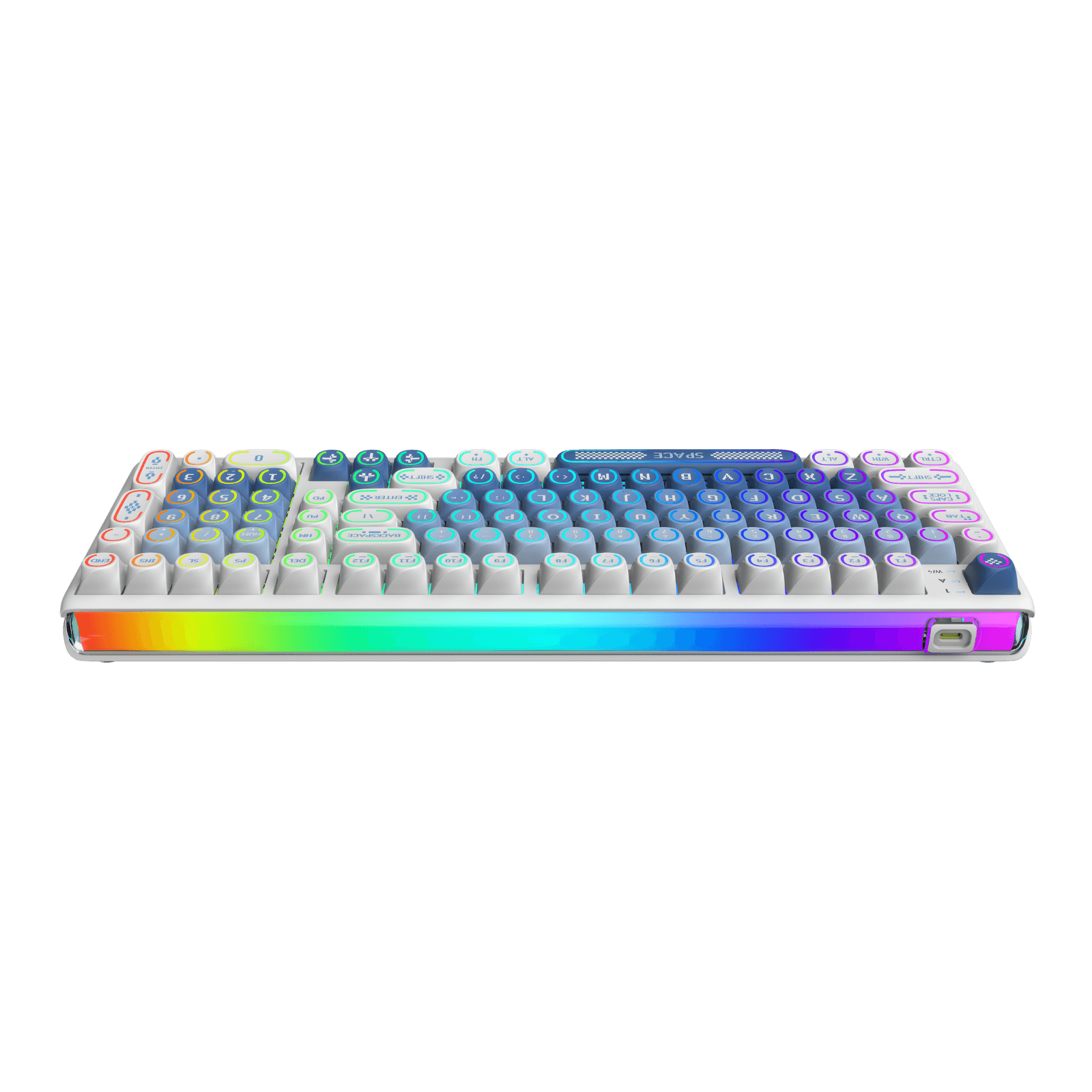 RK R99 flagship 8K wireless mechanical gaming keyboard featuring a uniquely curved RGB light bar and a compact 101-key layout in a midnight blue aesthetic