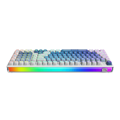 RK R99 flagship 8K wireless mechanical gaming keyboard featuring a uniquely curved RGB light bar and a compact 101-key layout in a midnight blue aesthetic