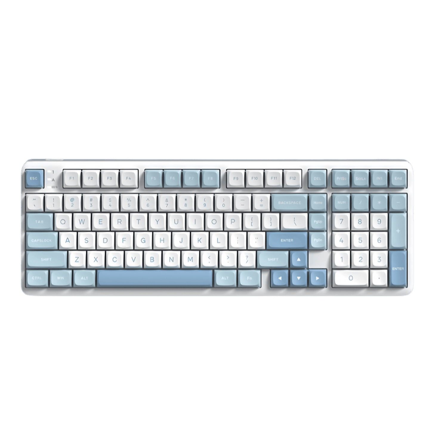 RK R99 flagship 8K wireless mechanical gaming keyboard featuring a uniquely curved RGB light bar and a compact 101-key layout in a midnight blue aesthetic