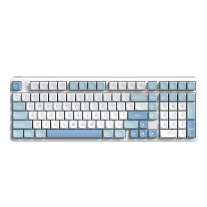 RK R99 flagship 8K wireless mechanical gaming keyboard featuring a uniquely curved RGB light bar and a compact 101-key layout in a midnight blue aesthetic