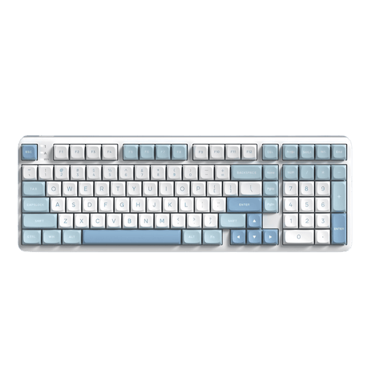 RK R99 flagship 8K wireless mechanical gaming keyboard featuring a uniquely curved RGB light bar and a compact 101-key layout in a midnight blue aesthetic