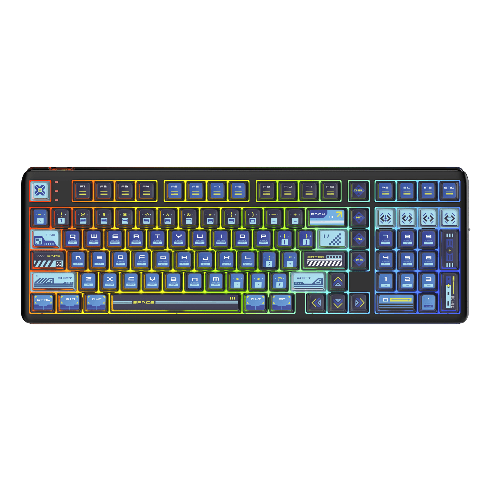 RK R99 flagship 8K wireless mechanical gaming keyboard featuring a uniquely curved RGB light bar and a compact 101-key layout in a midnight blue aesthetic