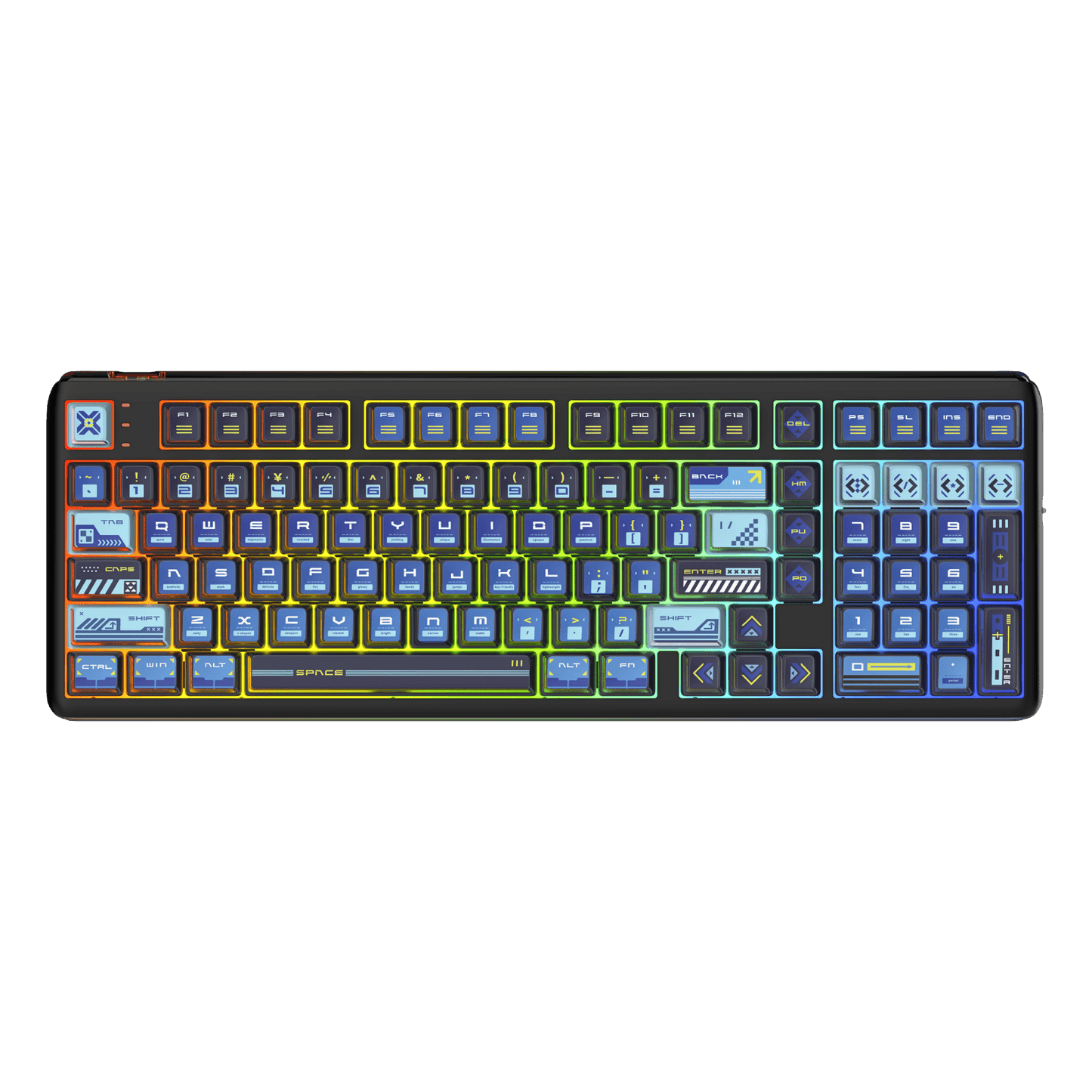 RK R99 flagship 8K wireless mechanical gaming keyboard featuring a uniquely curved RGB light bar and a compact 101-key layout in a midnight blue aesthetic