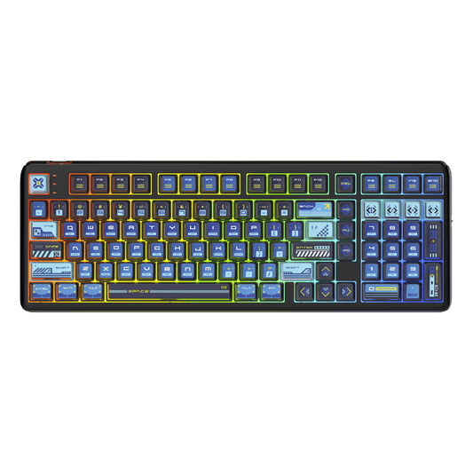 RK R99 flagship 8K wireless mechanical gaming keyboard featuring a uniquely curved RGB light bar and a compact 101-key layout in a midnight blue aesthetic