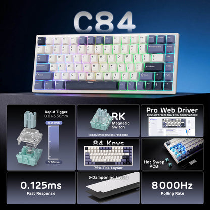 RK C84 magnetic keyboard with features highlighted on a dark background