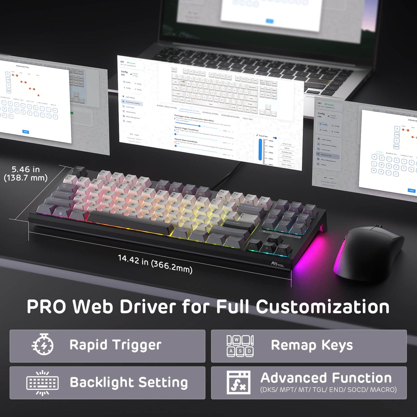 Keyboard with RGB lighting on a desk setup with multiple monitors, mouse, and text about keyboard features.