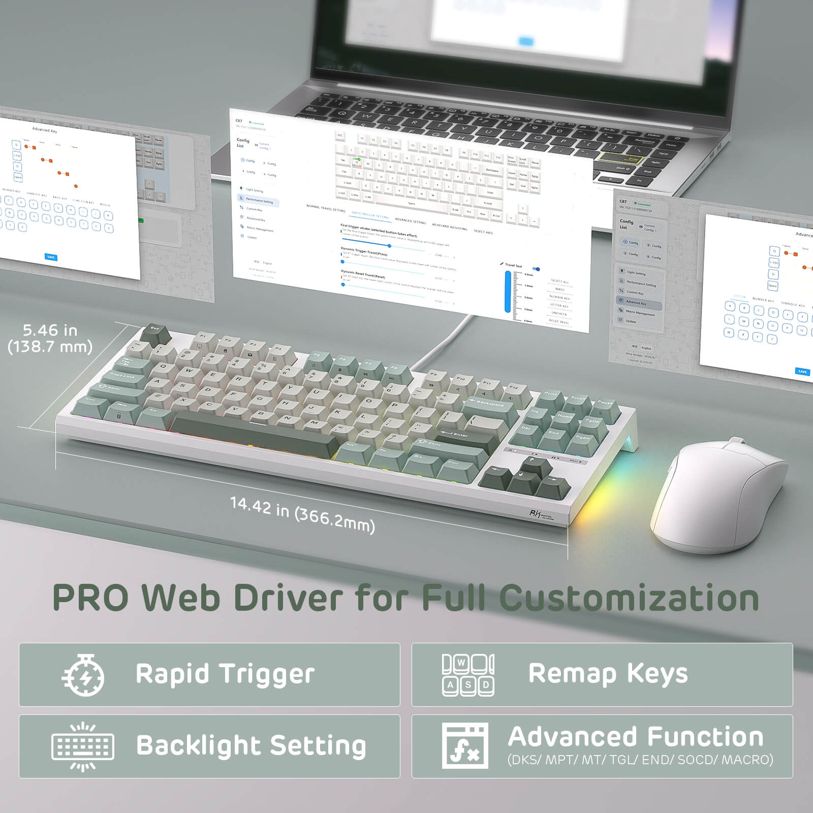 Keyboard and mouse setup on a desk with multiple computer monitors displaying software interfaces.