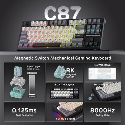 RK C87 Mechanical gaming keyboard with features highlighted on a dark background
