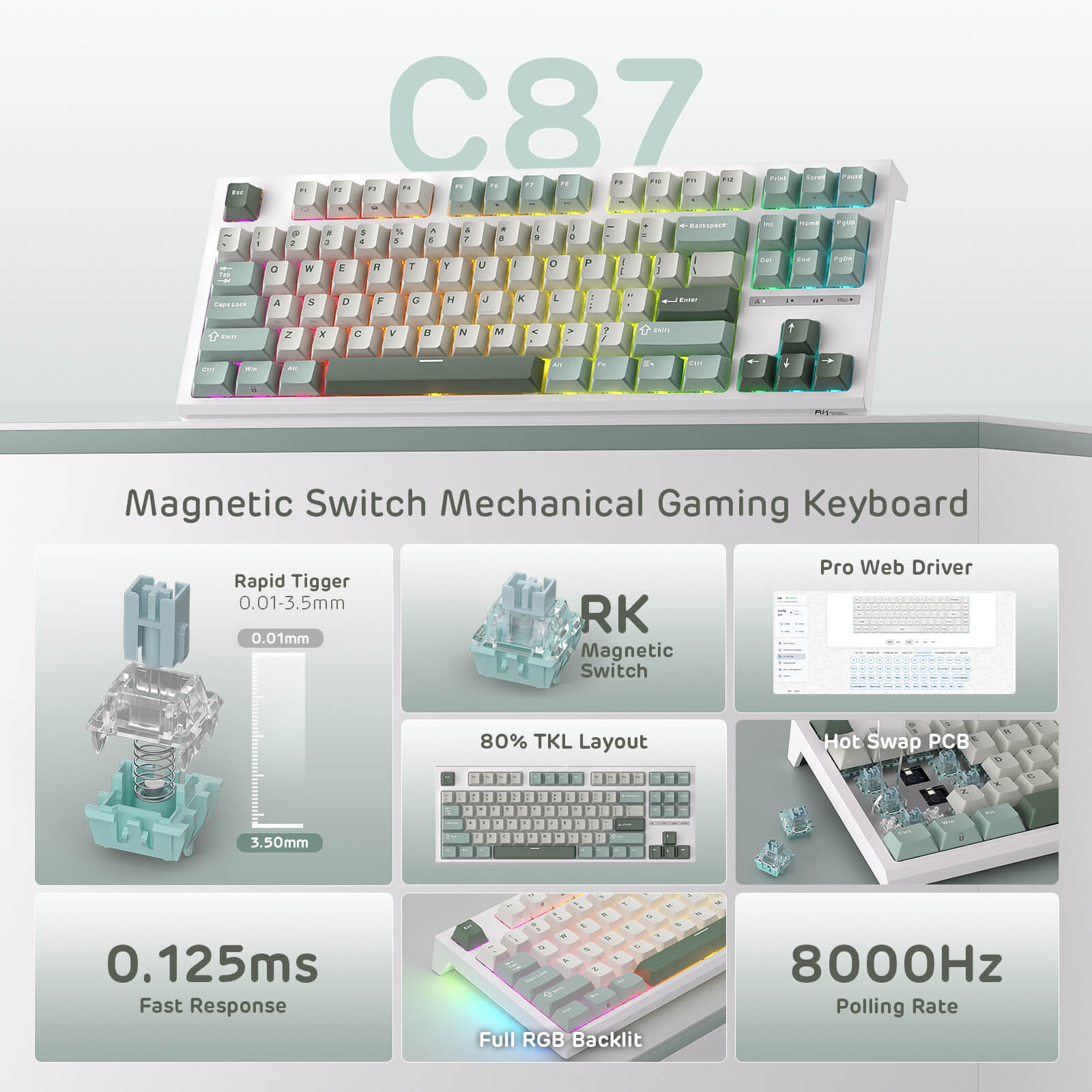 Magnetic switch mechanical gaming keyboard with specifications on a light gray background