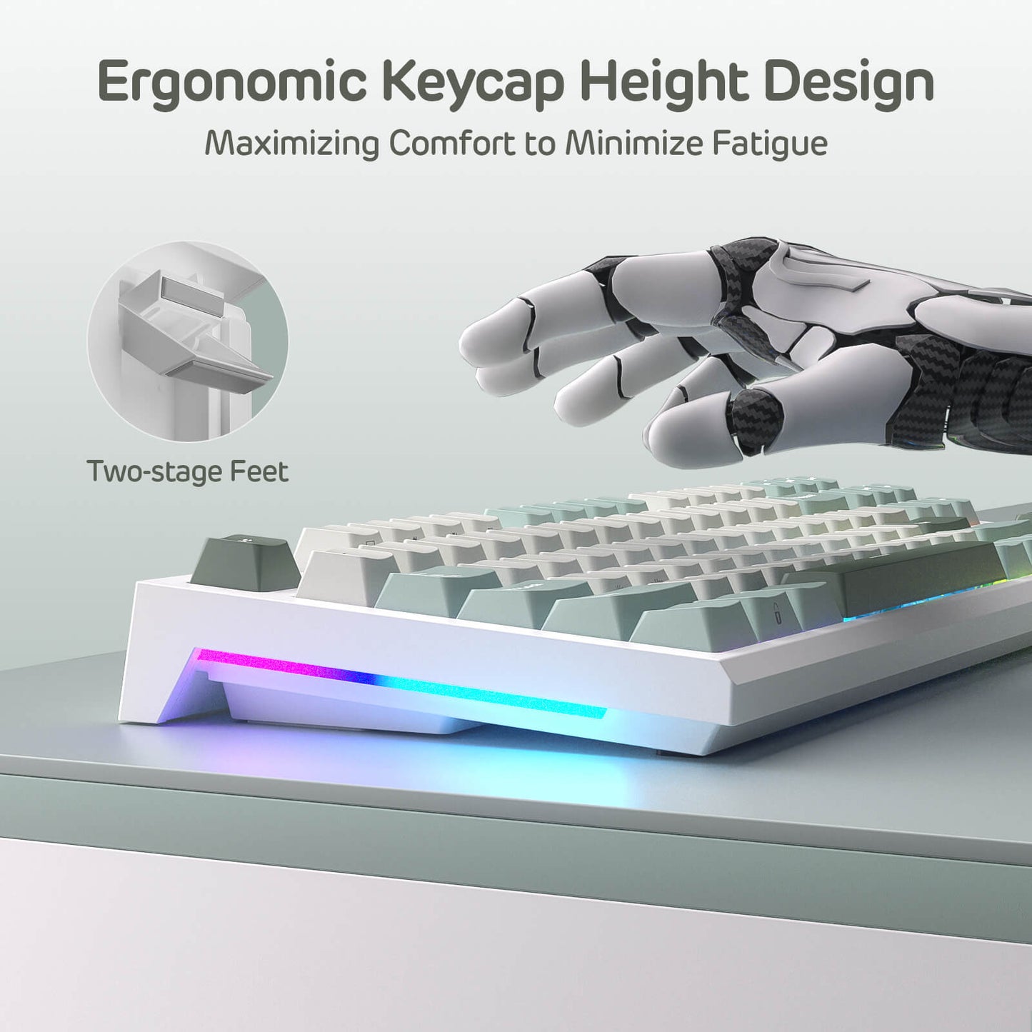Ergonomic keyboard with a robot hand on a light gray background, highlighting ergonomic keycap height design.