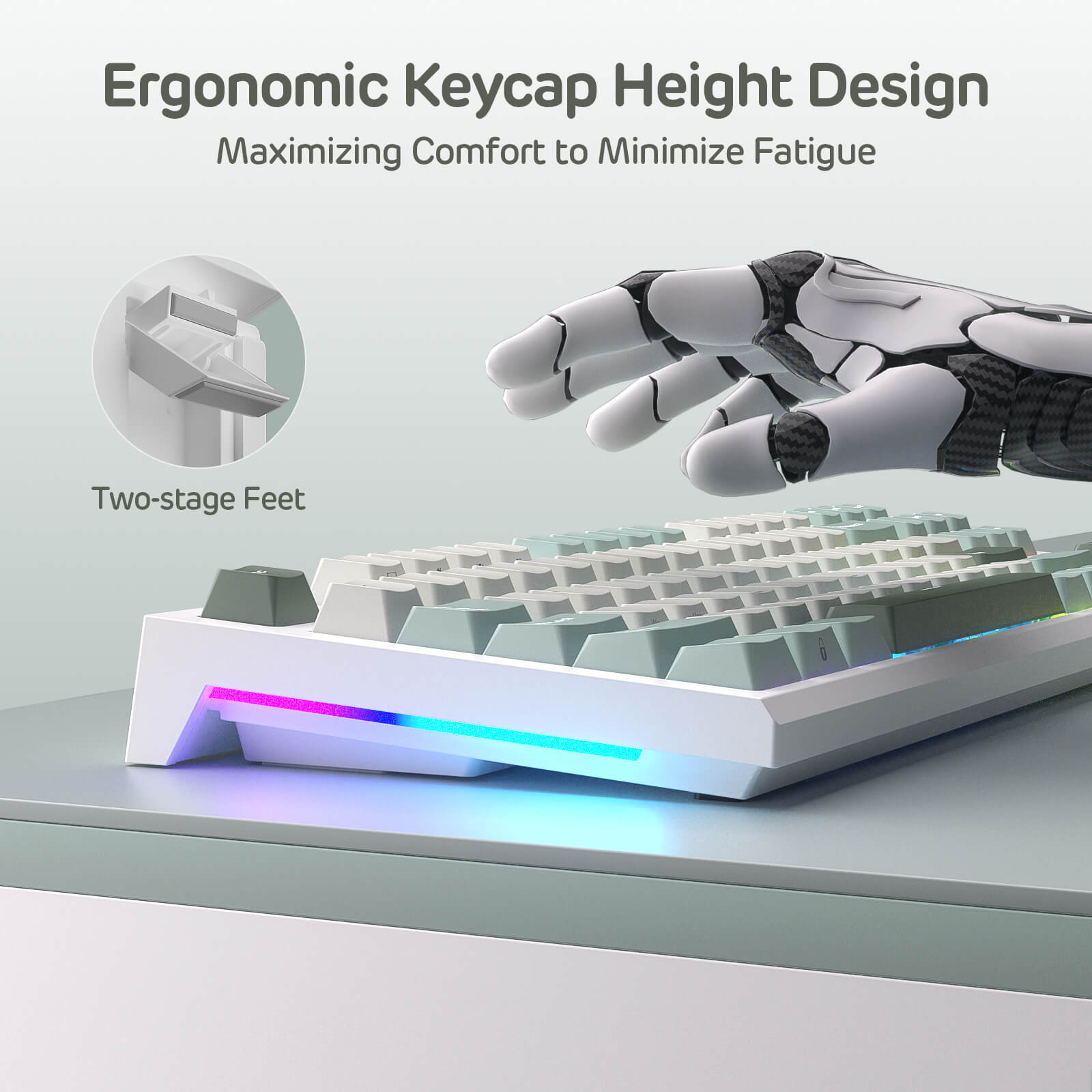 Ergonomic keyboard with a robot hand on a light gray background, highlighting ergonomic keycap height design.
