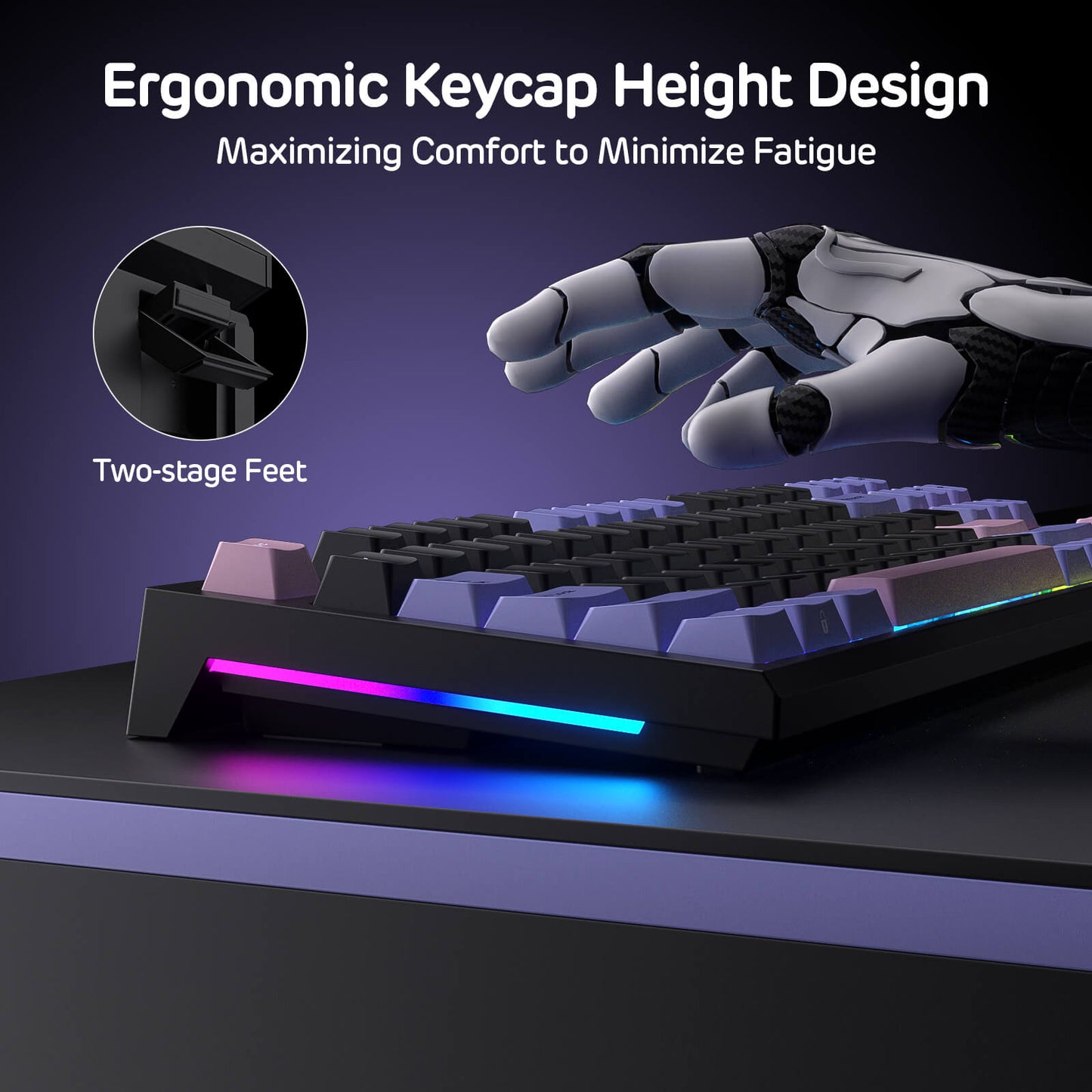 Ergonomic keyboard with highlighted keycap height design and hand wearing a glove interacting with it.