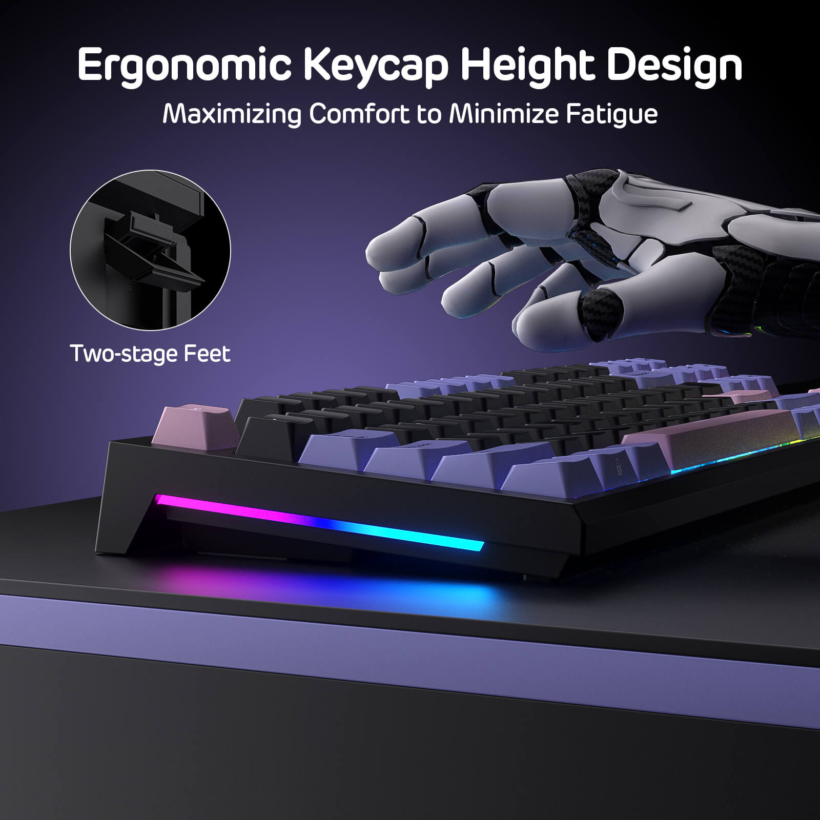 Ergonomic keyboard with highlighted keycap height design and hand wearing a glove interacting with it.